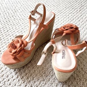 Tribeca leather platform wedge sandals with woven raffia jute Coral or orange 6